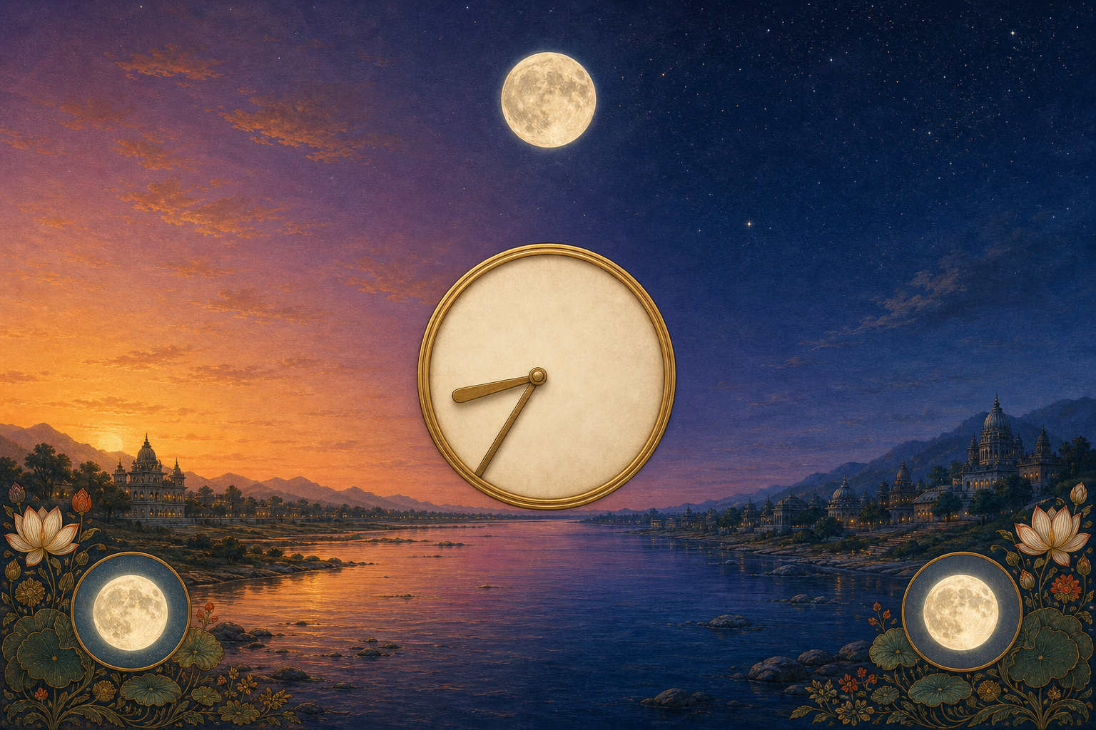 An unnumbered clock divides a continuous dusk-to-night landscape while a nearly full waning moon moves subtly across the sky.
