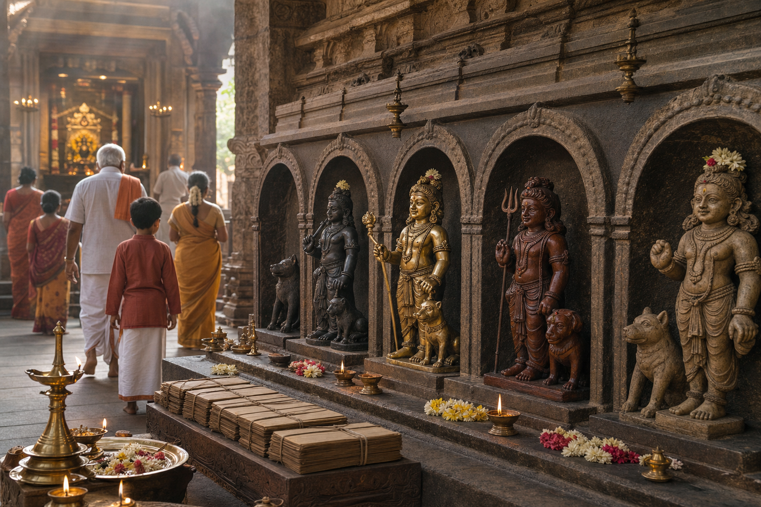 Several varied devotional forms of youthful Batuk Bhairava appear in temple niches near lamps, flowers and closed manuscript bundles as worshippers approach.