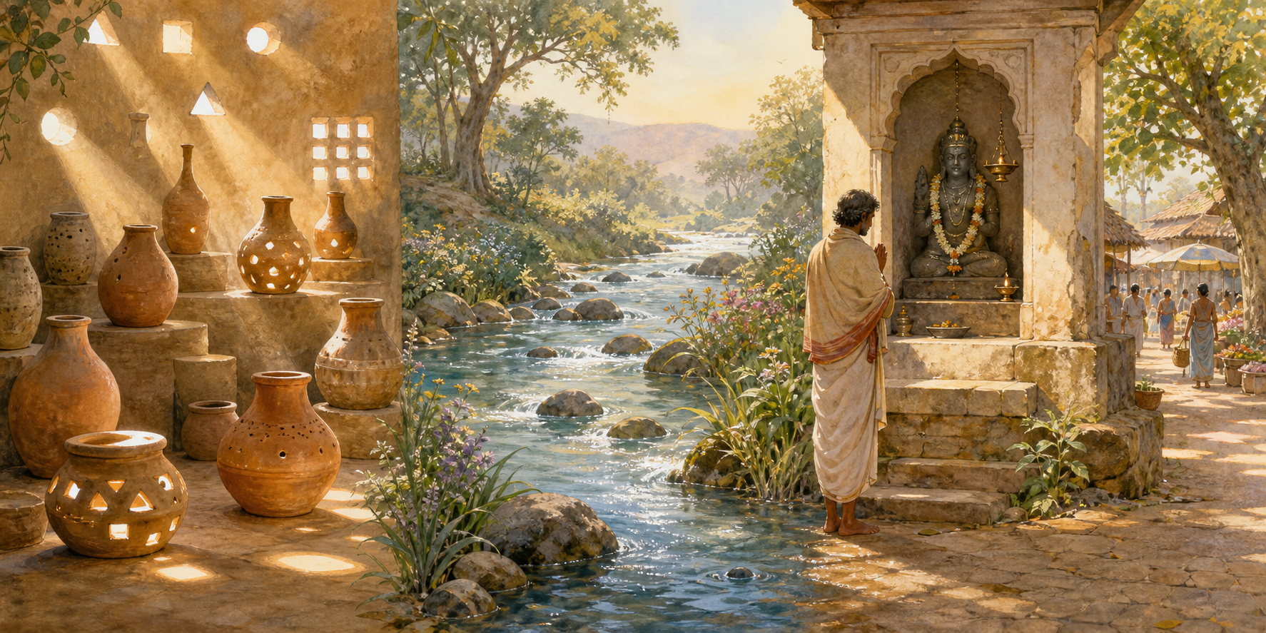 A continuous three-part scene showing sunlight entering clay pots, a river flowing among stones and plants, and a worshipper before a stone murti beside everyday community life.