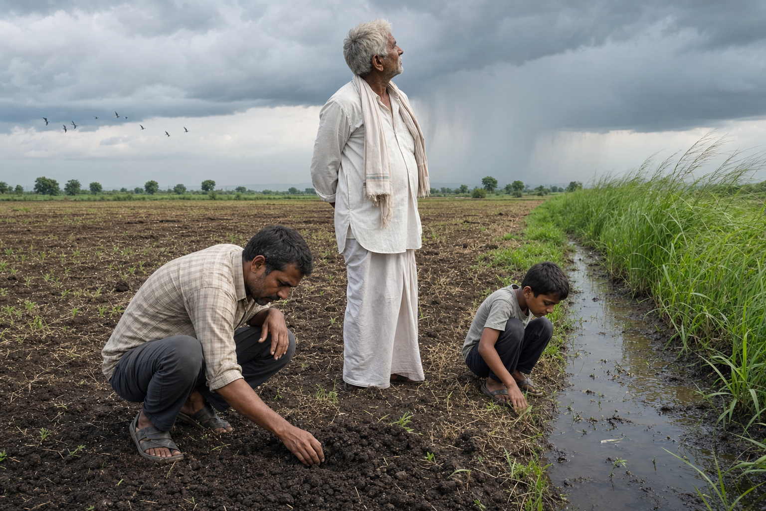 Three family members examine moist soil, clouds, grasses, and a field channel after early monsoon rain.
