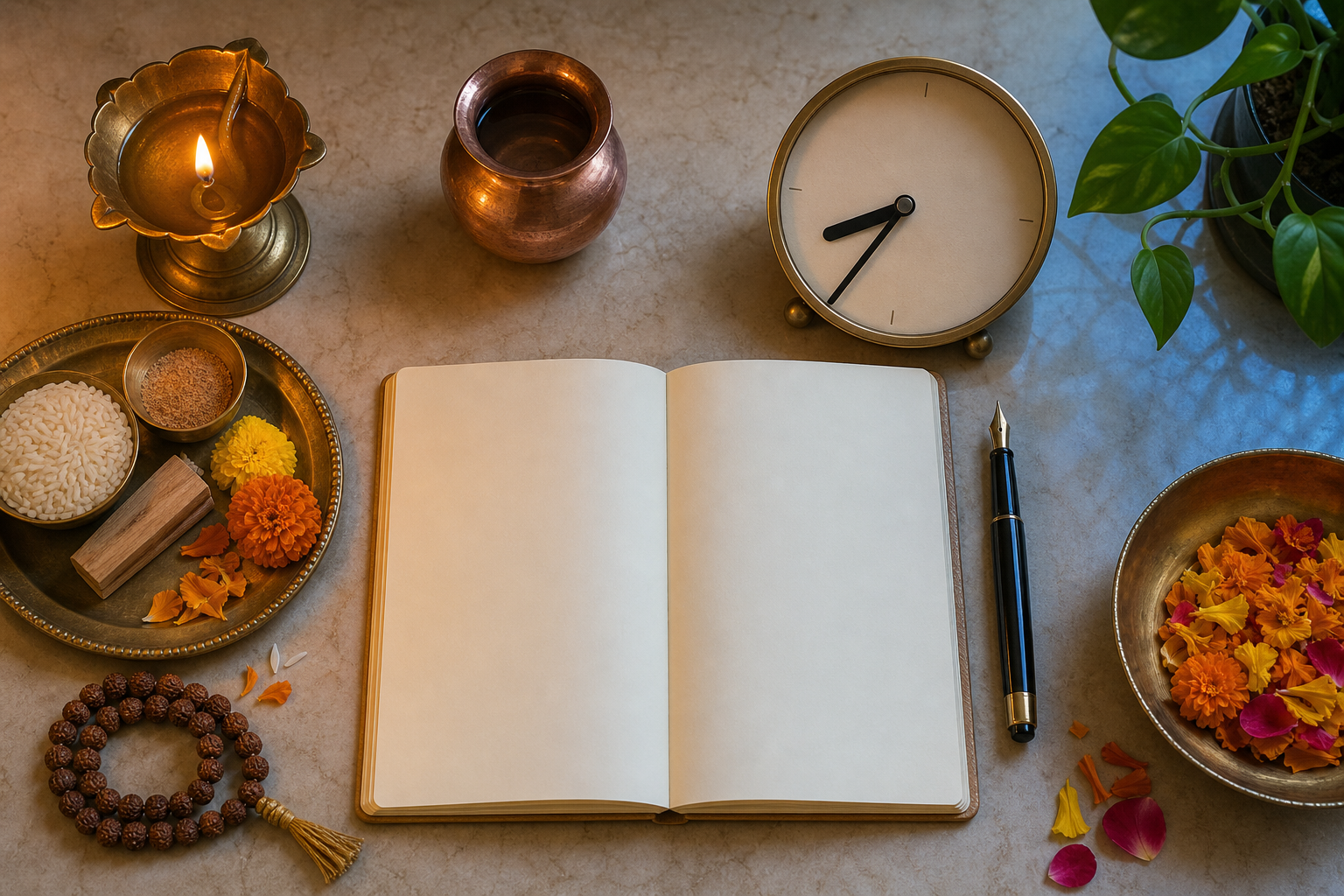 A blank ledger and an unnumbered clock showing 8:35 rest beside a diya, prayer beads, flowers, rice, and a copper vessel.