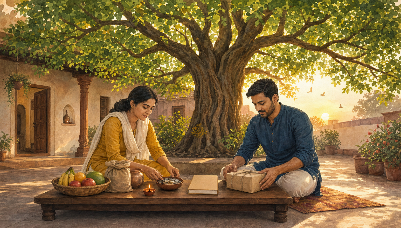 Two adults arrange coins, provisions, a lamp, a book, and a gift beneath a flourishing courtyard tree at sunrise.