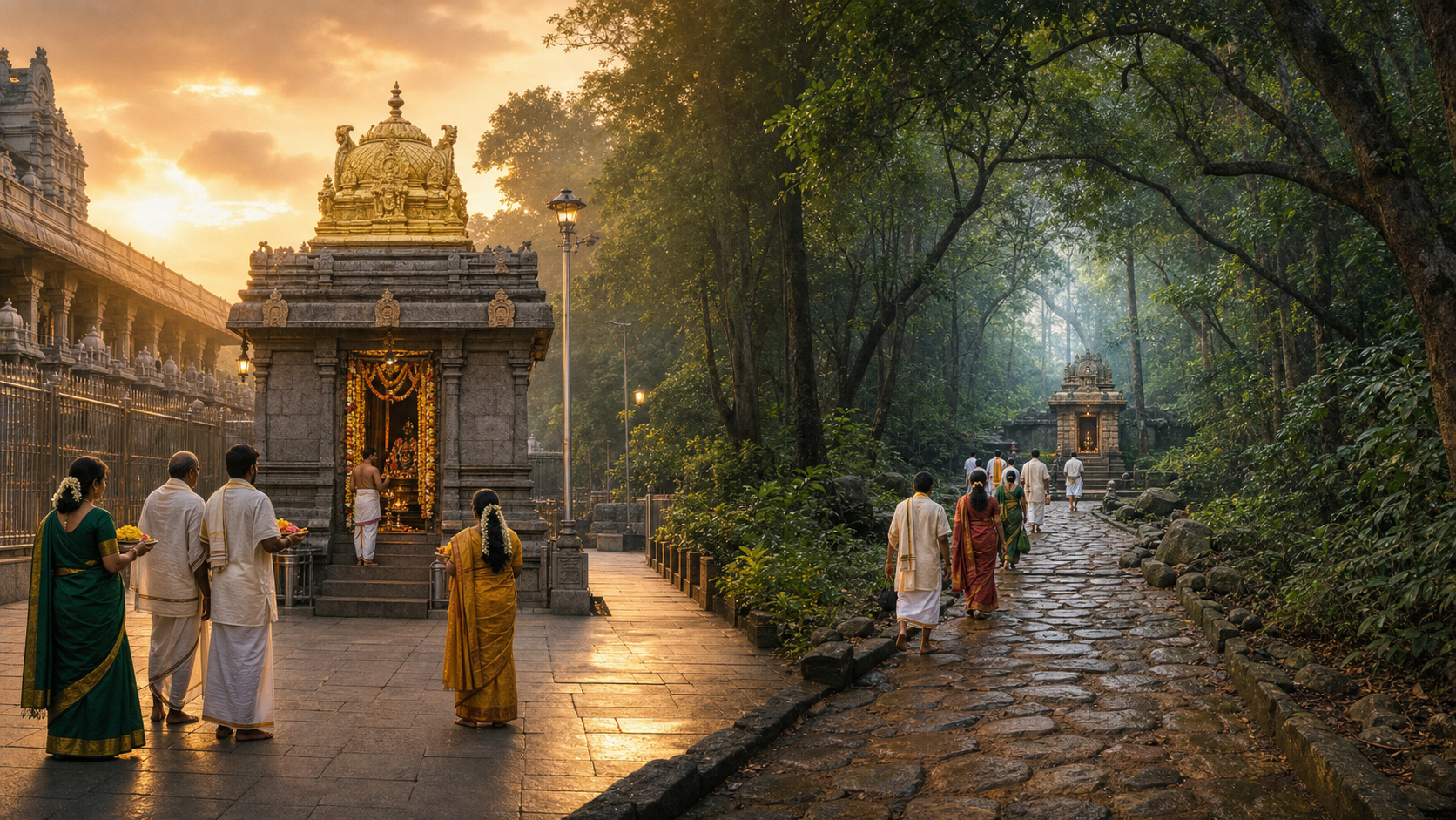 Pilgrims worship near the Bedi Anjaneya shrine and walk through the forest toward the Japali Hanuman shrine in a composite view of Tirumala.