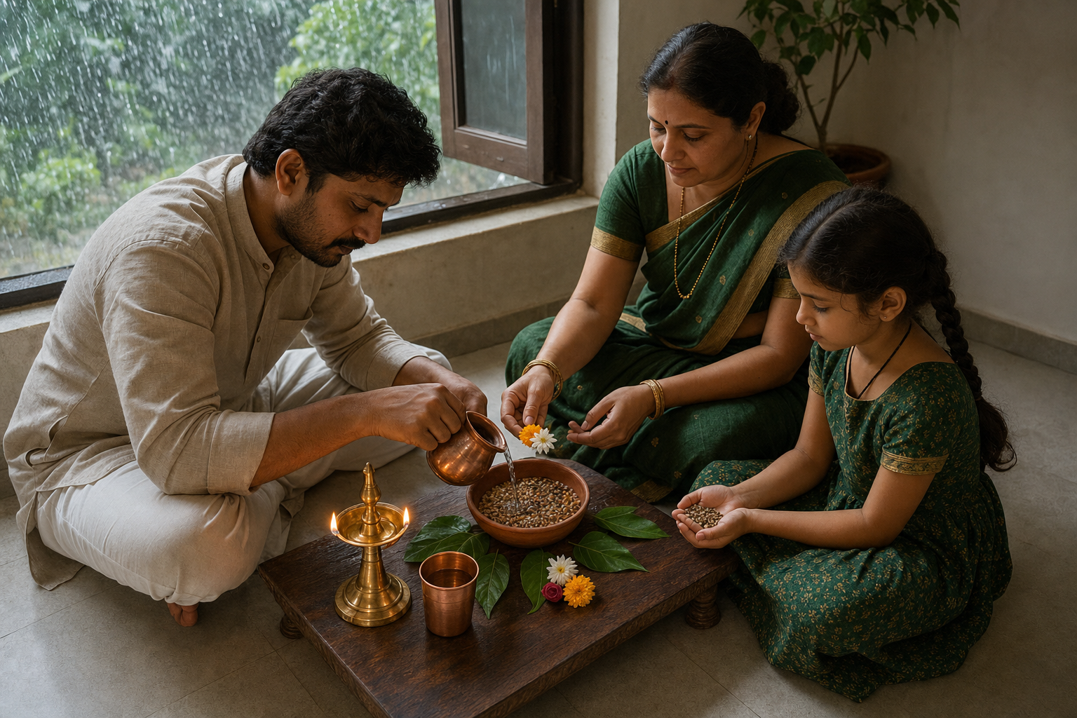 A family gathers by a rainy window with a lamp, clean water, seeds, leaves, and flowers for a simple household observance.