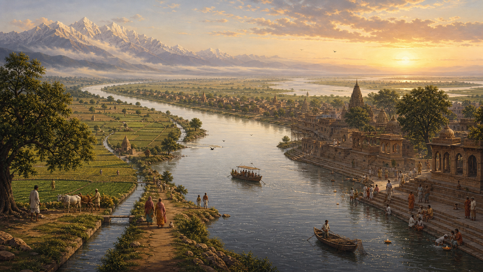 A symbolic river flows from Himalayan foothills through farms and a historic ghat settlement toward a green delta, with pilgrims, families, boats, and irrigation along its banks.