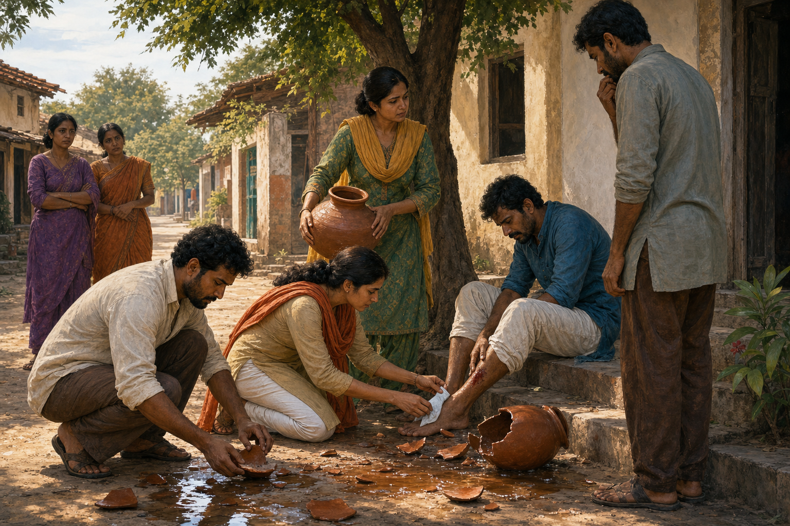 People in a village lane help an injured person, bring water, and collect pieces of a broken clay jar while the person responsible listens at a respectful distance.