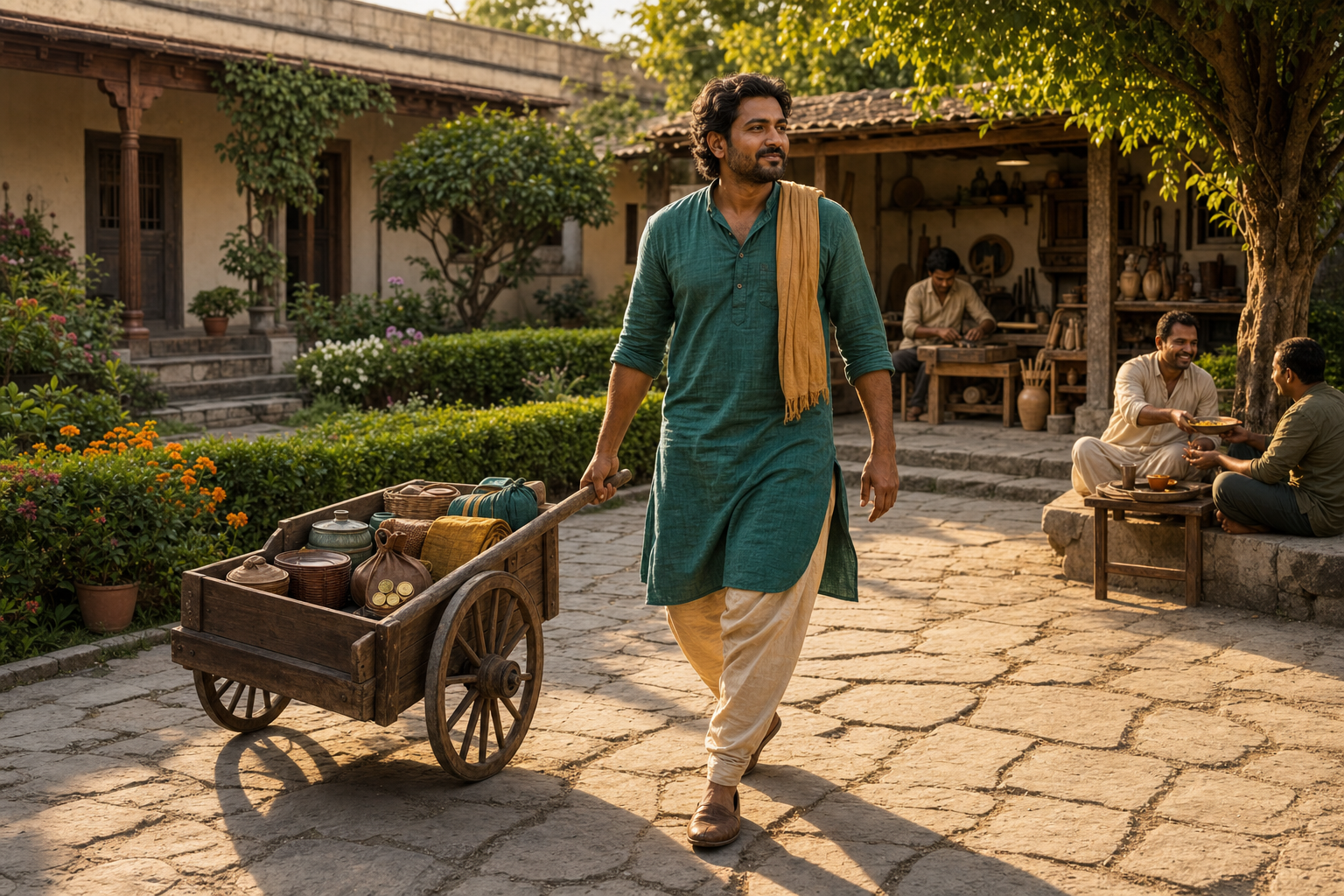 A craftsperson leads a handcart carrying useful goods and coins along a path between a home, workshop, and shared meal.