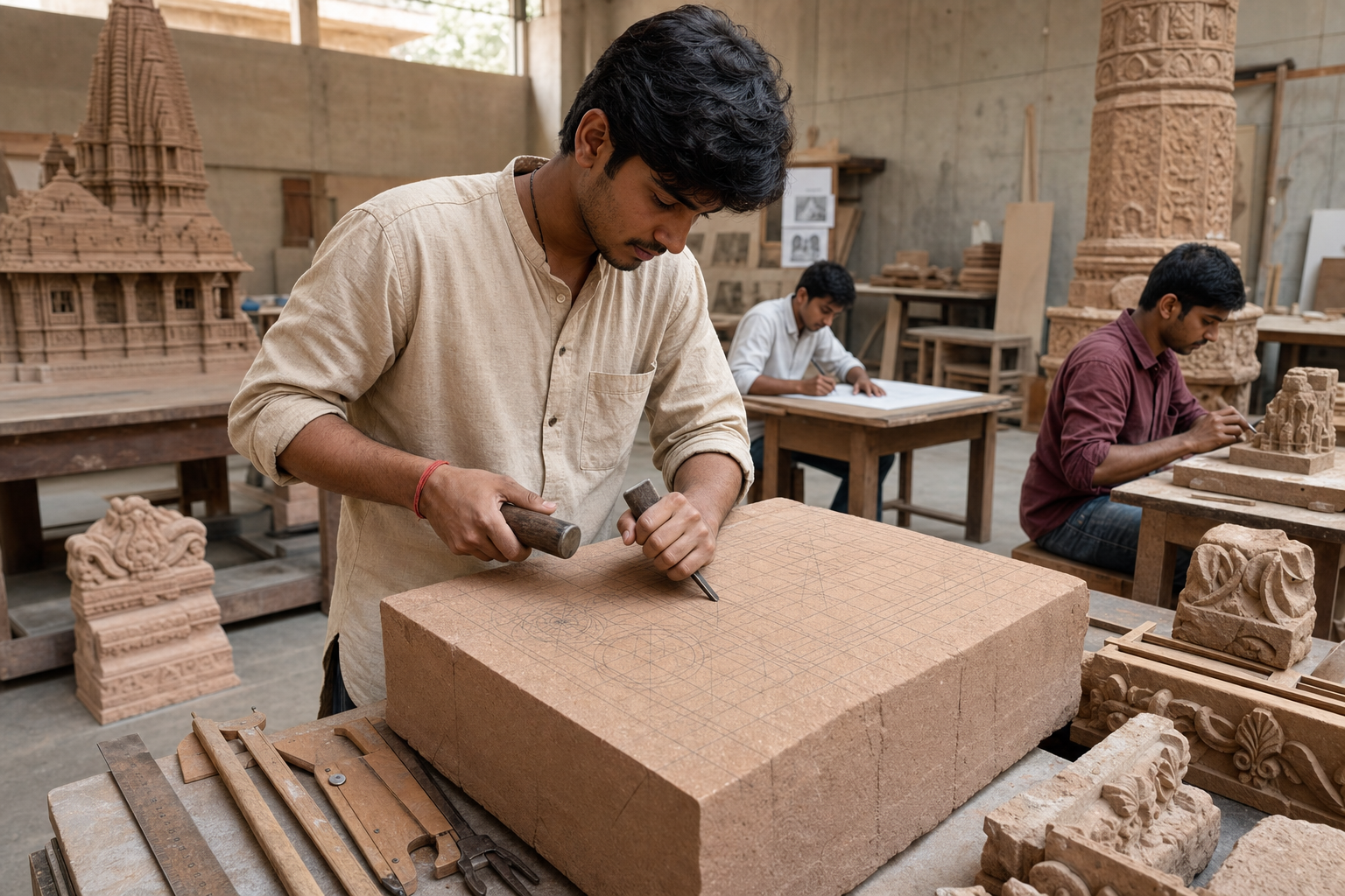 A temple-craft student studies geometric guidelines on a sandstone block in a workshop with measuring tools, temple models, and other trainees.