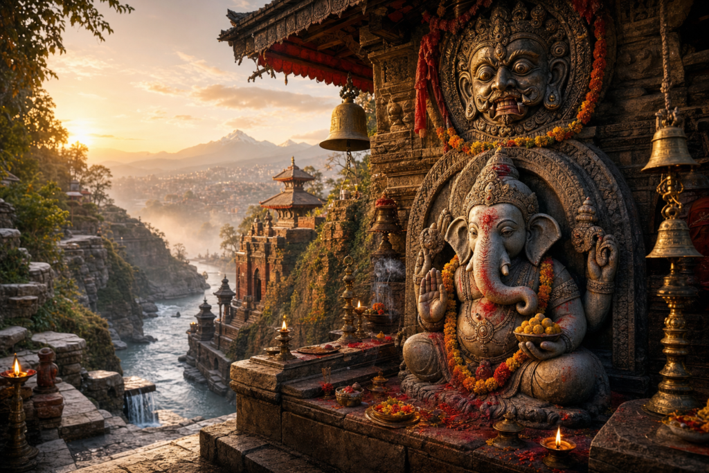 Stone Kvena Ganesh shrine at Jal Vinayak overlooking the Bagmati gorge in Kathmandu Valley at dawn