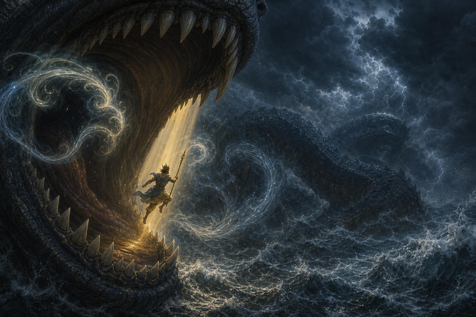 Indra passes through the briefly opened jaws of Vritra while a luminous current surrounds the opening and the storm continues beyond.