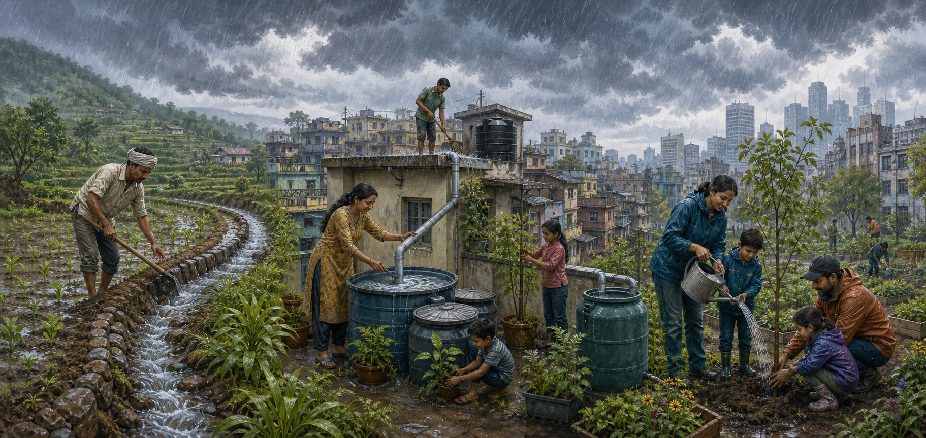 Connected scenes show a farmer managing field runoff, city residents collecting roof water, and a diaspora family caring for a community-garden tree.