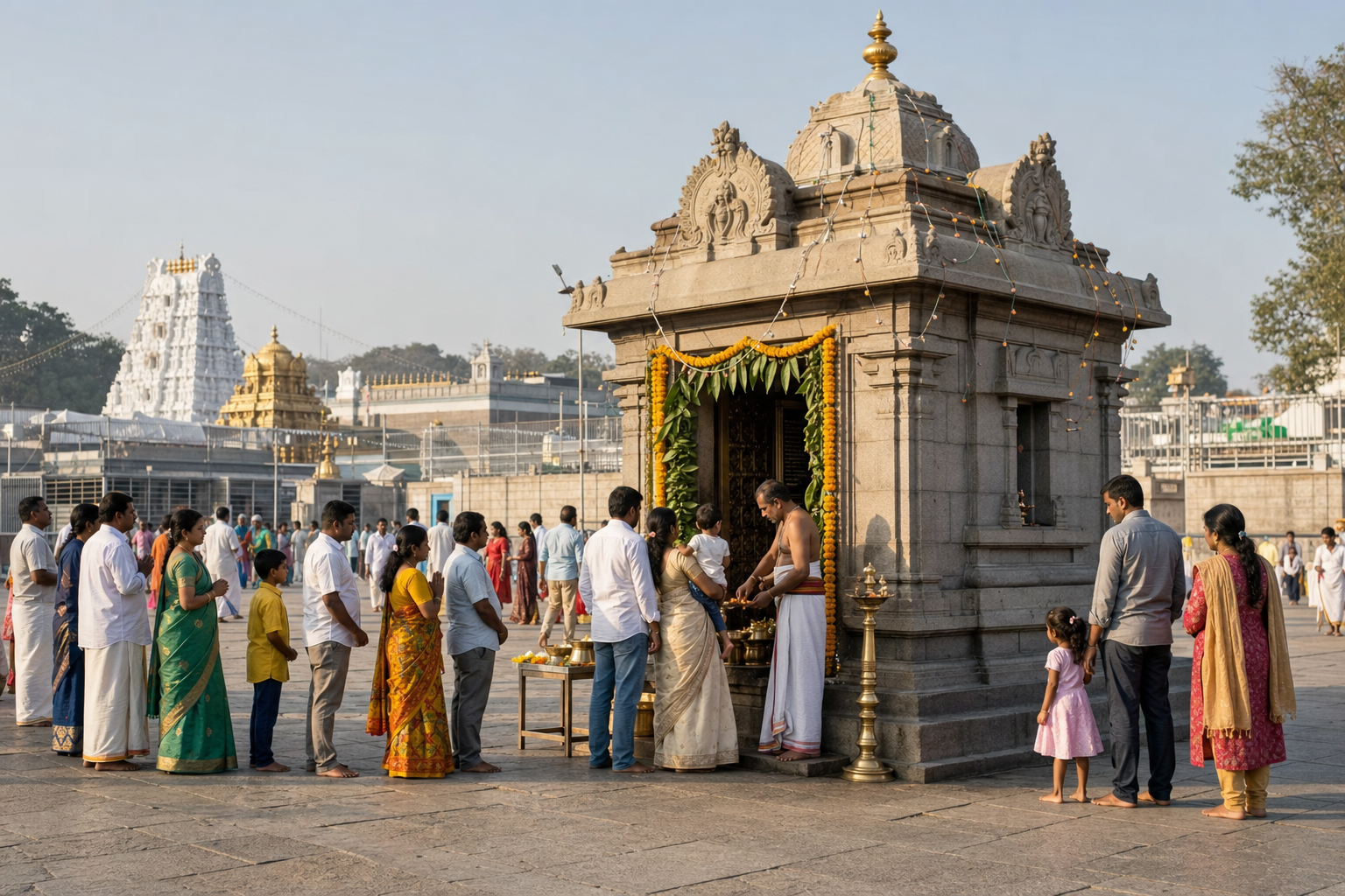 Pilgrims form an orderly line and present flowers and lamps outside the Bedi Anjaneya shrine in Tirumala.