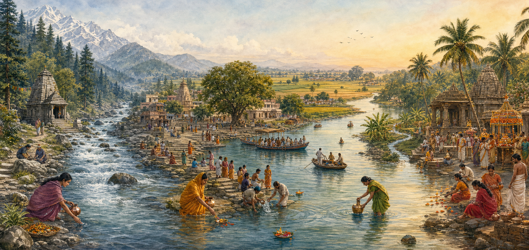 A continuous river passes through a Himalayan valley, a northern agricultural plain, and a southern temple landscape, linking regional communities and rituals.
