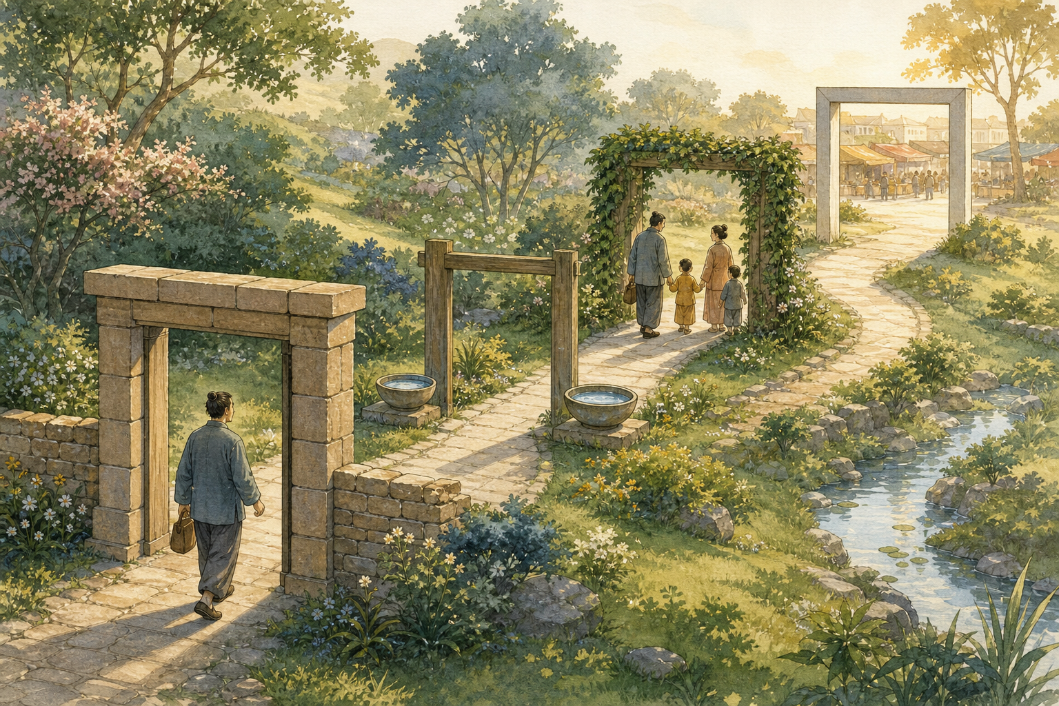 A householder carrying a purse walks through four open garden gateways on the way to a distant marketplace.