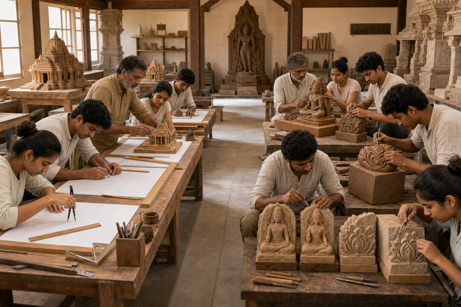 Students practice temple geometry and model architecture on one side of a workshop while others learn clay modeling and stone carving on the other.