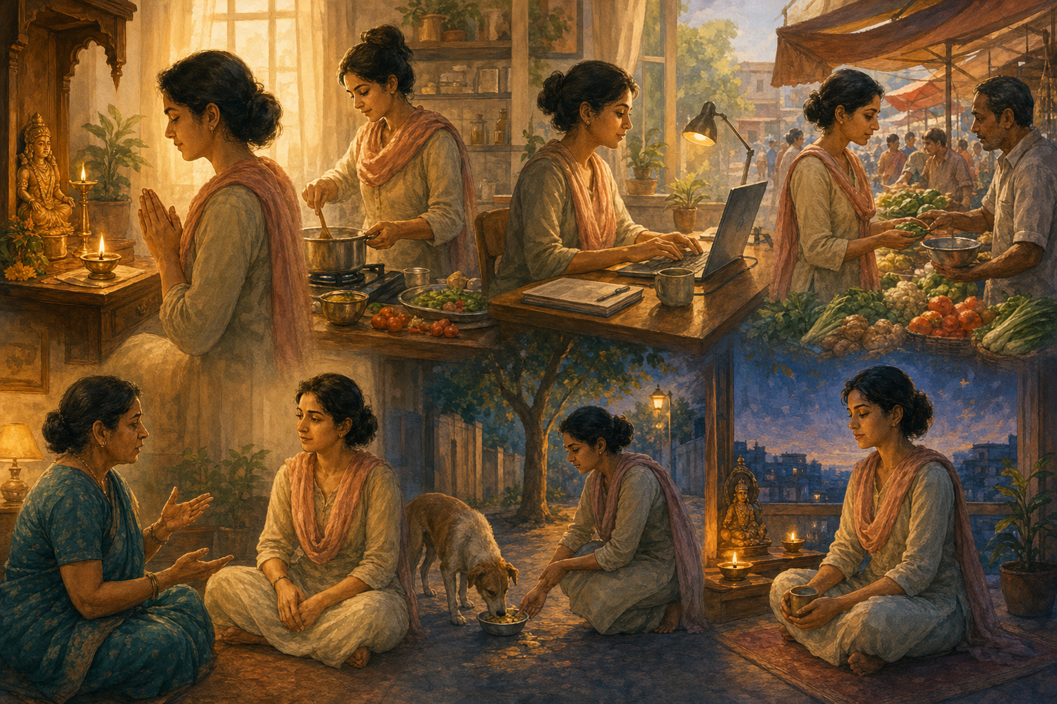 A practitioner moves through worship, cooking, work, careful shopping, attentive conversation, feeding an animal, and evening reflection in connected daily scenes.