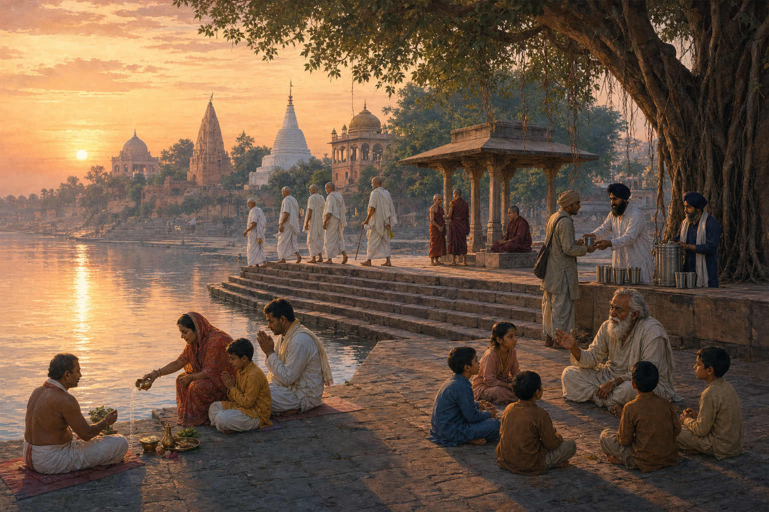 Families, storytellers, Hindu worshippers, Jain pilgrims, Buddhist monastics, and Sikh volunteers share different spaces along a broad riverbank at dawn.