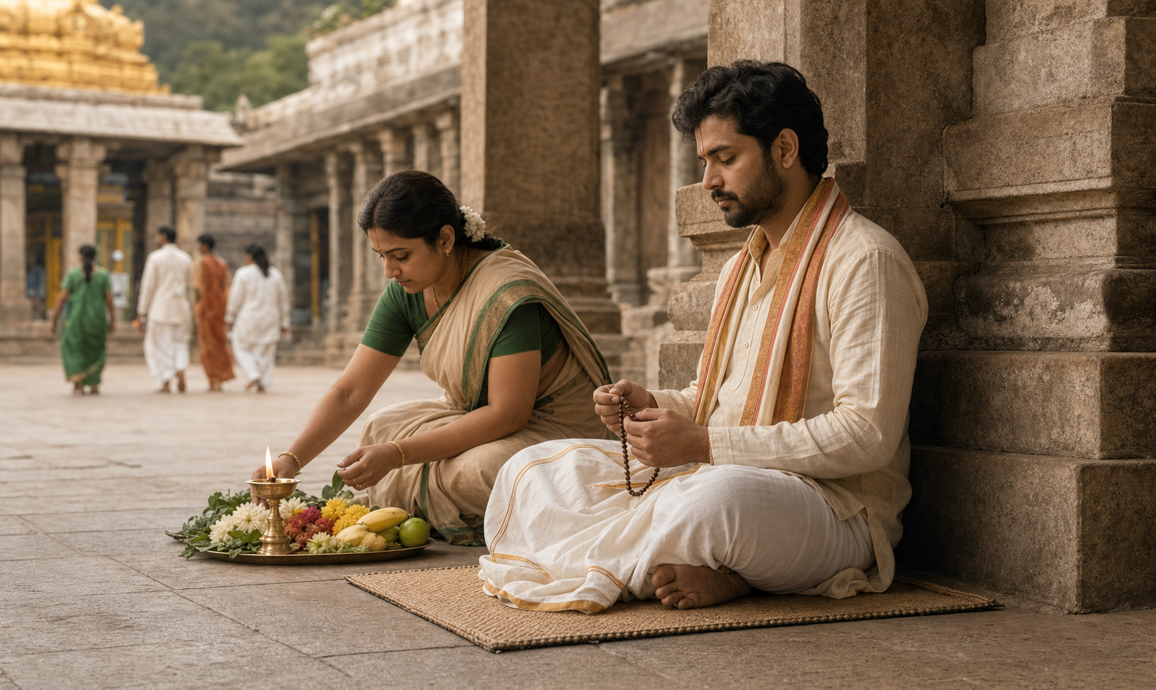 A pilgrim uses prayer beads while another arranges flowers, fruit, and an oil lamp in a quiet Tirumala courtyard.