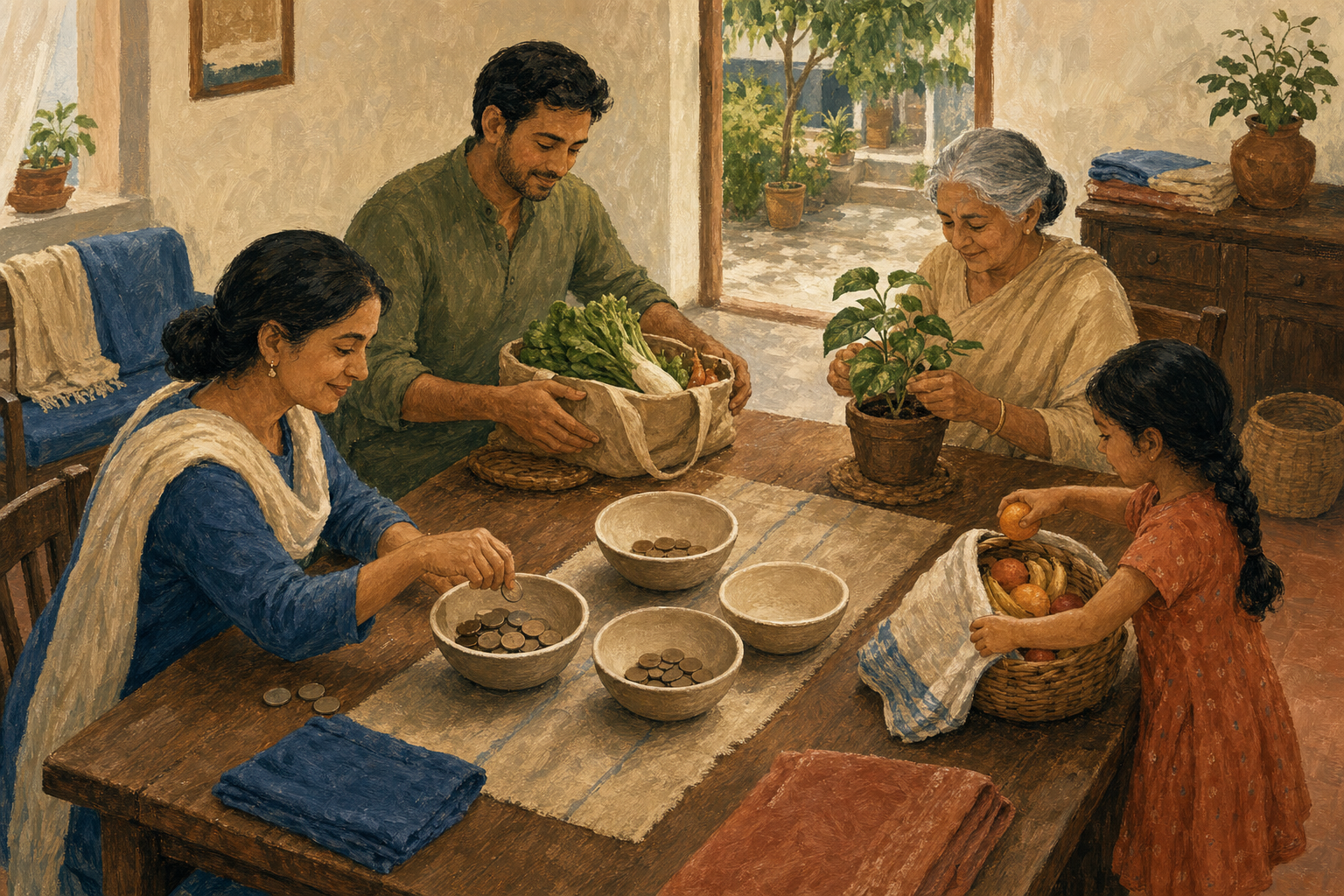 A multigenerational family portions coins, groceries, and fruit among plain bowls and baskets at a household table.