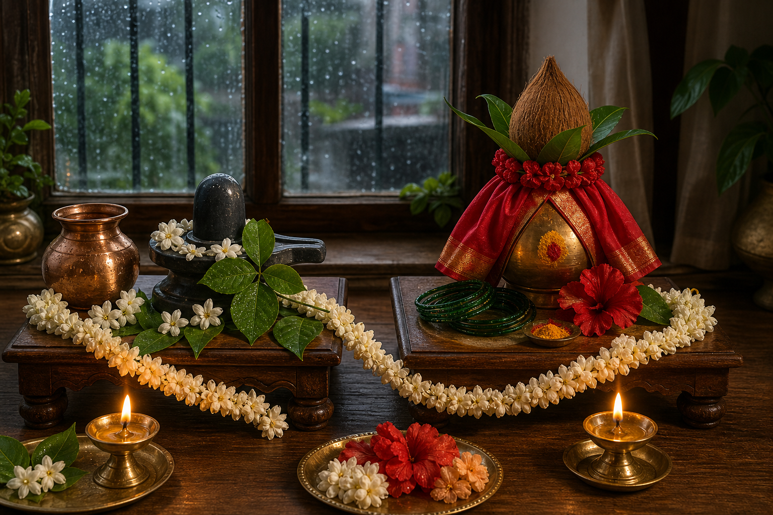 Adjacent home altars for Shiva and Gauri are joined by a flower garland and illuminated by two oil lamps.