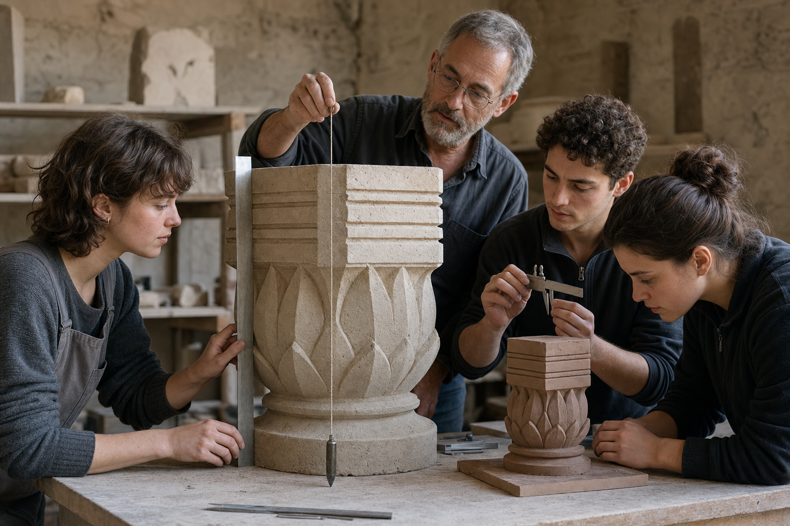 A craft teacher and three students inspect the symmetry and carving depth of a sandstone column fragment with calipers and a plumb line.