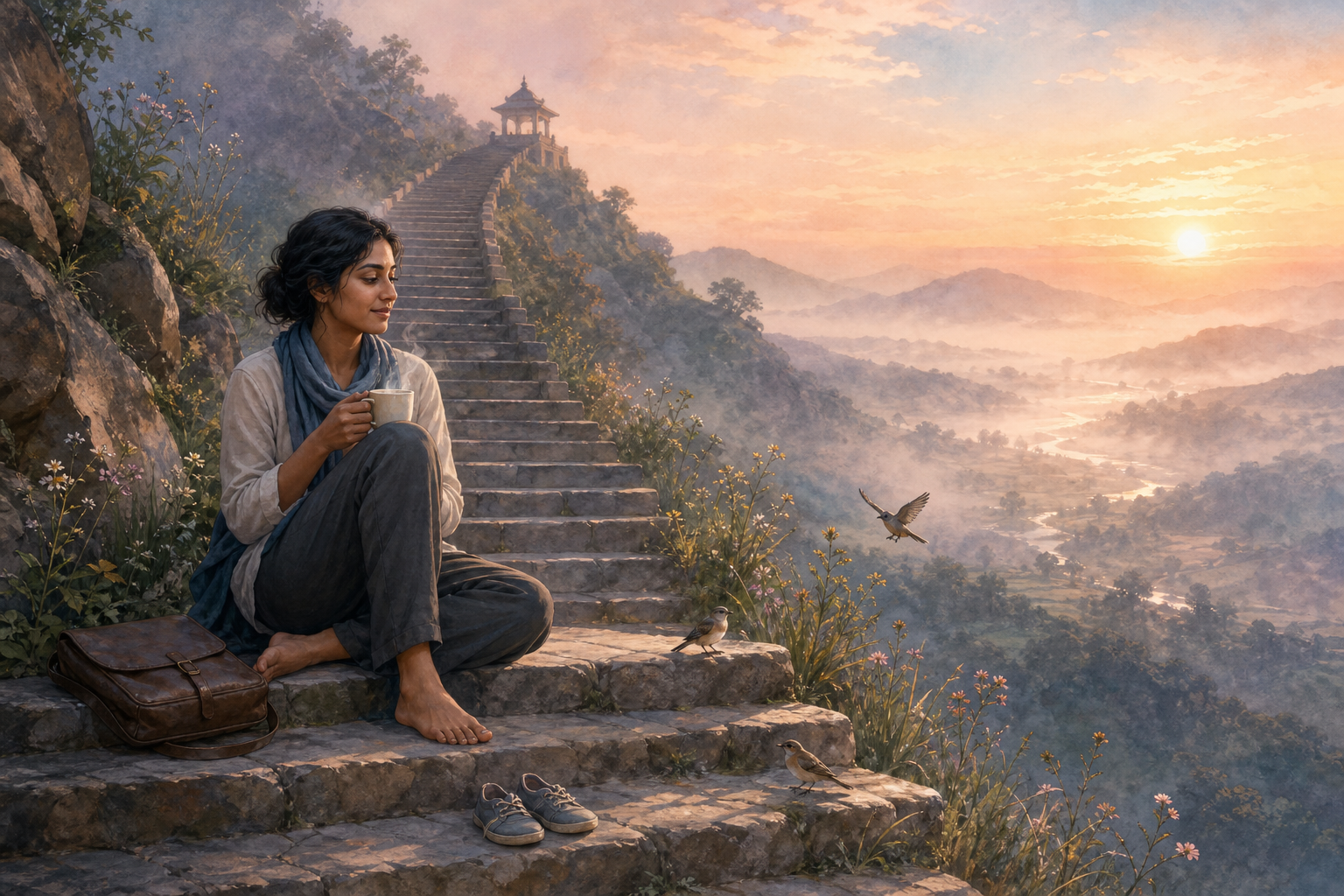 A professional pauses peacefully with tea on a hillside staircase while more steps continue toward a distant pavilion.