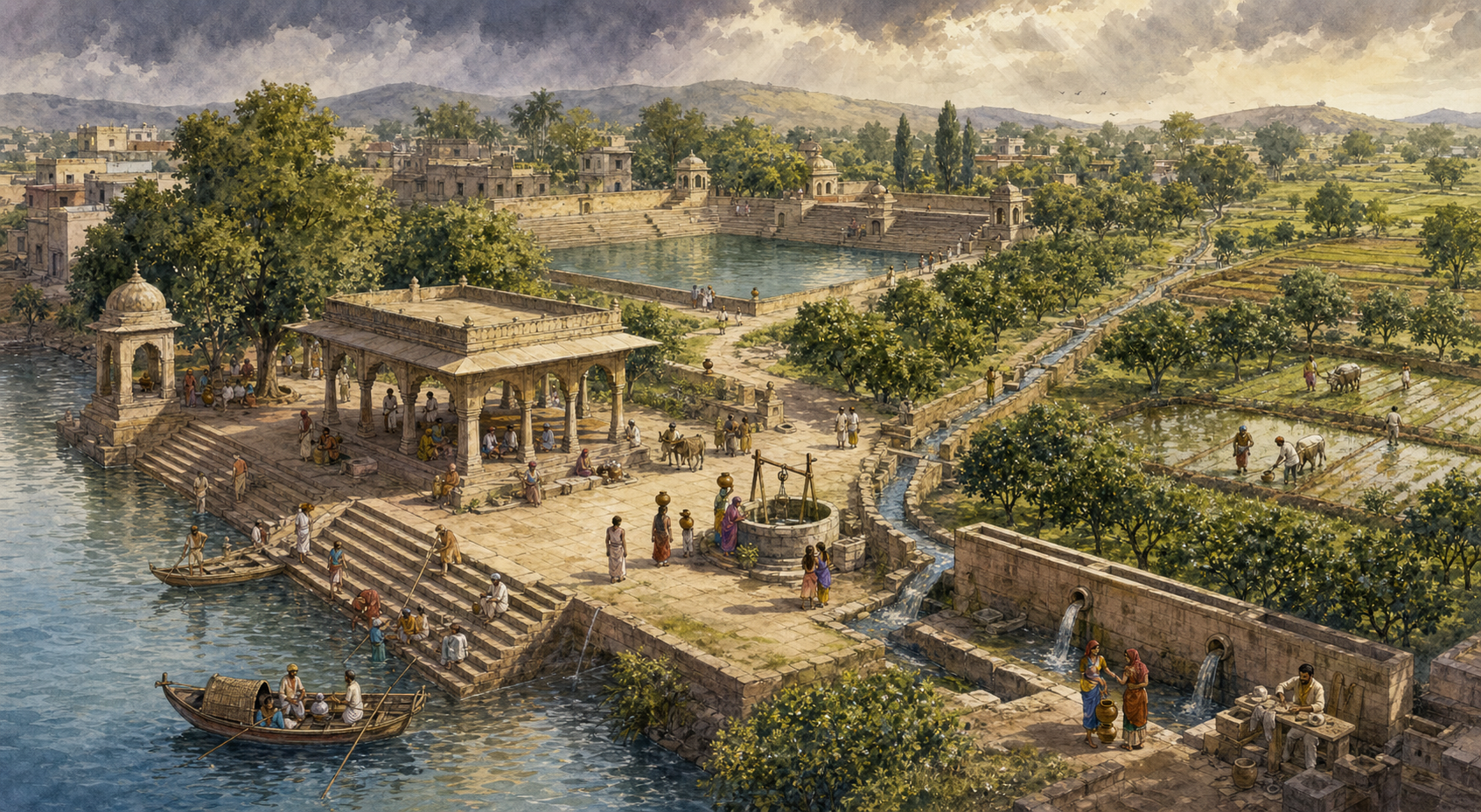 A historic Indian riverside town combines stone ghats, a stepped tank, wells, shaded pavilions, and irrigation channels used by residents and farmers.