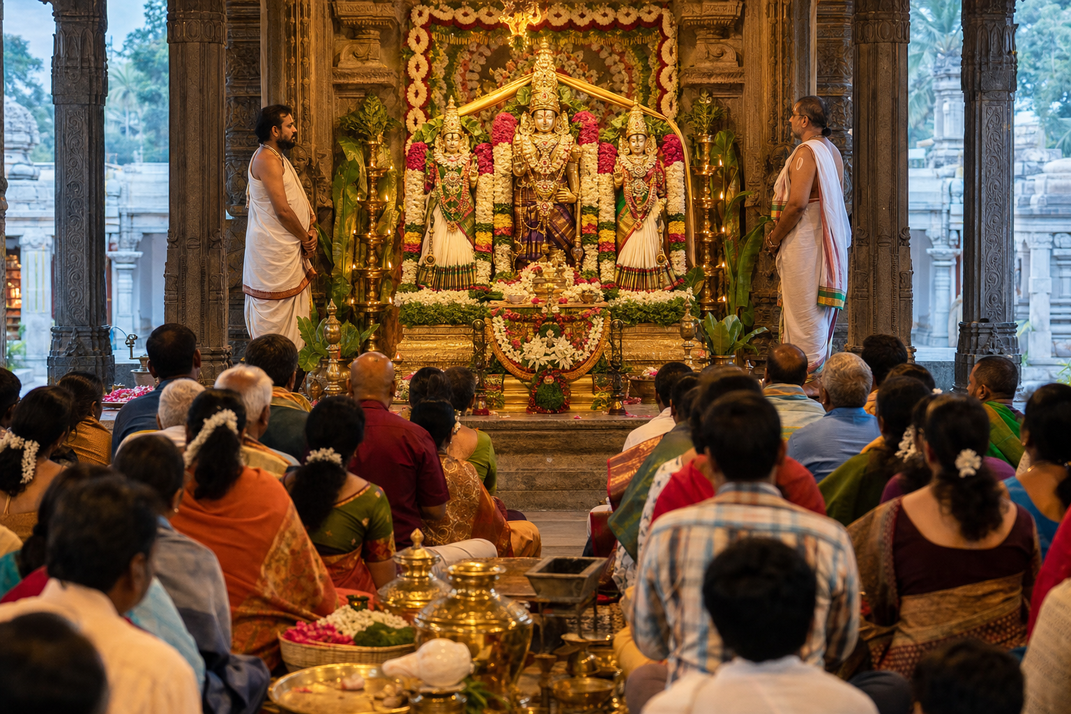 Devotees gather for darshan before a flower-adorned mandir shrine as priests stand beside ceremonial vessels and lamps after Patotsav rites.