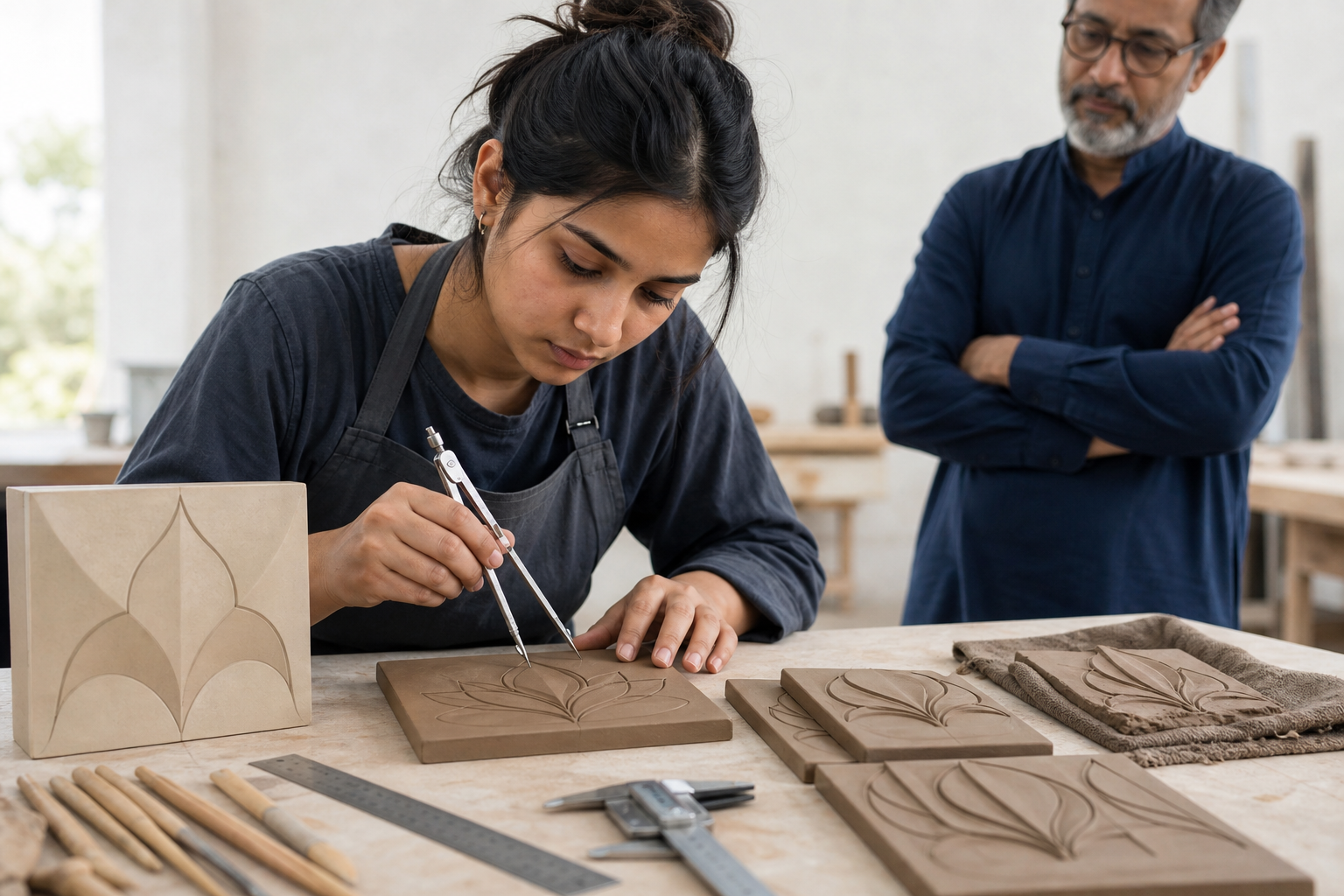 An applicant uses measuring and modeling tools to reproduce a symmetrical floral motif in clay while an instructor observes.