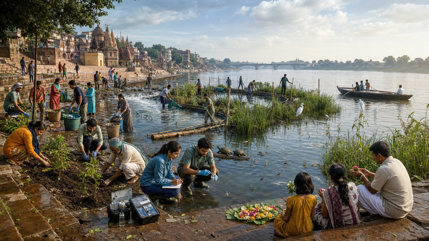 Residents, volunteers, and scientists clean a riverbank, test the water, plant native vegetation, and protect a wetland beside an old ghat.