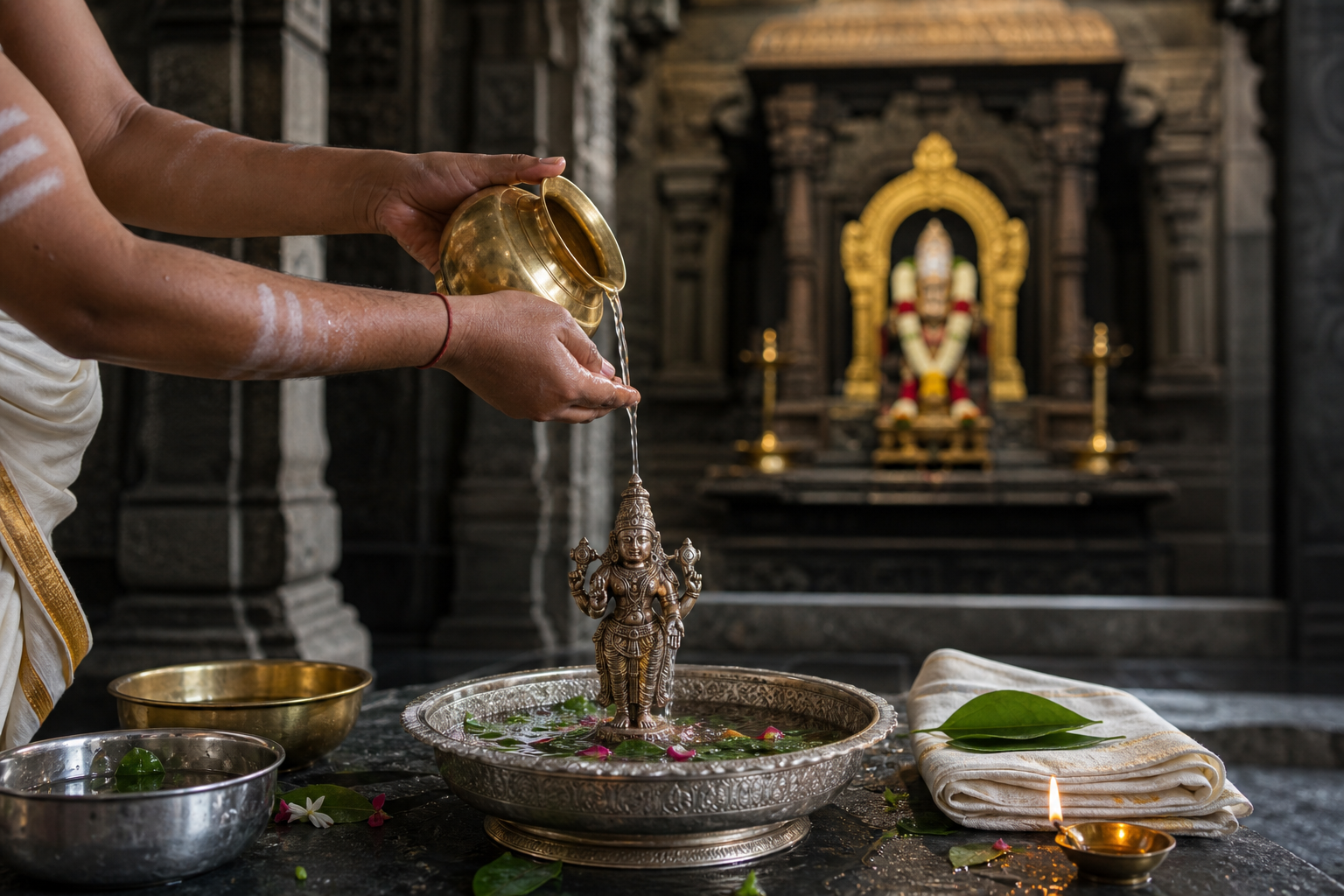 A priest pours sanctified water over a small metal festival image while the established mandir shrine remains intact in the background.