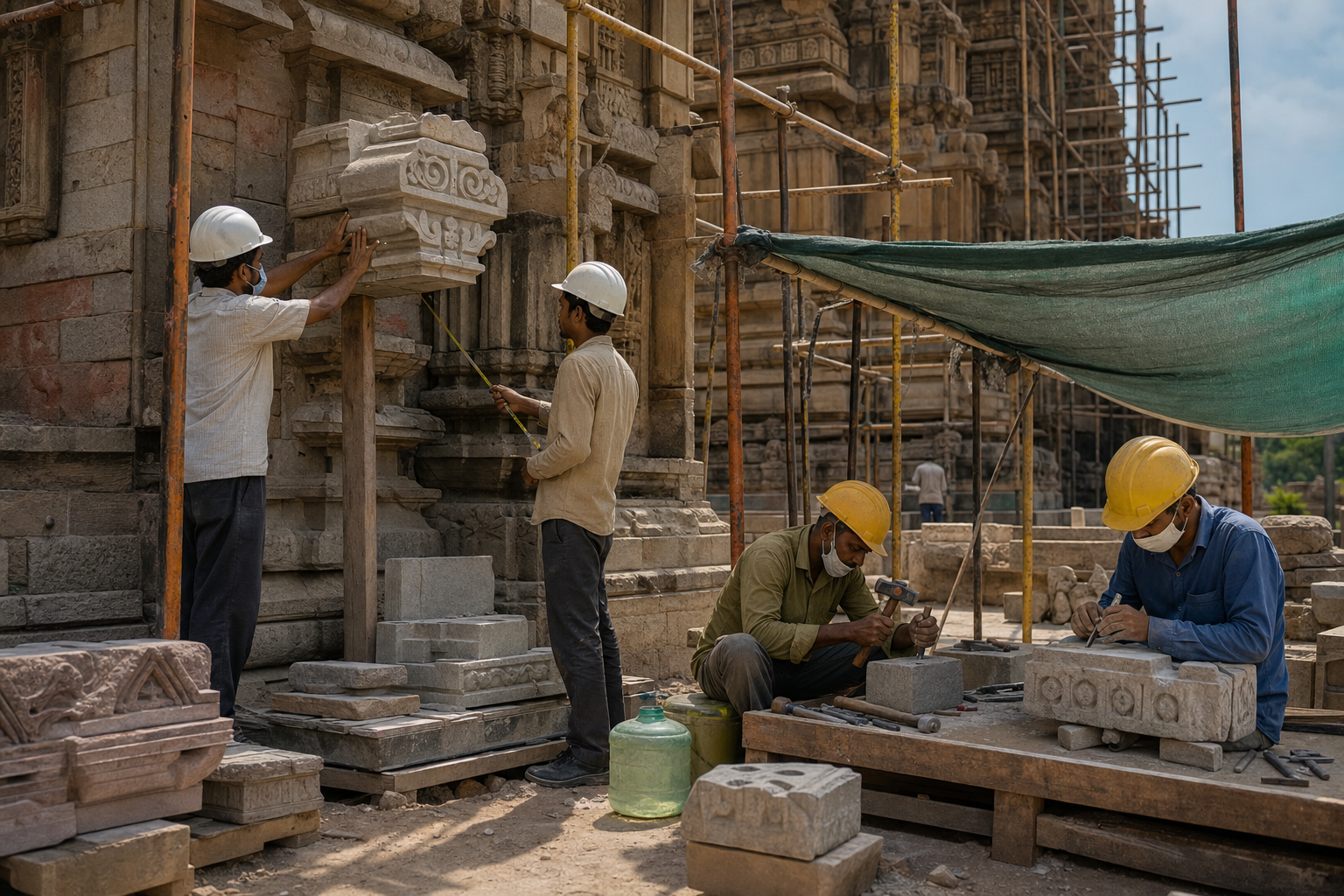Temple craftspeople measure, carve, and fit stone elements at a conservation site equipped with scaffolding and protective gear.