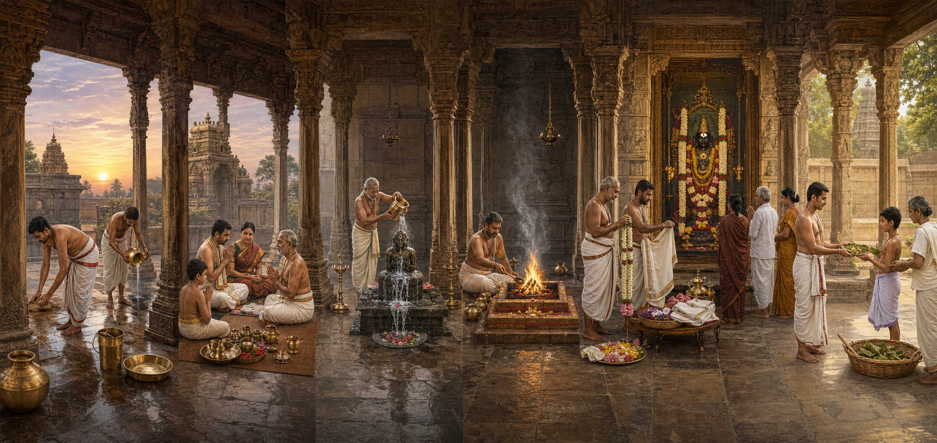 A panoramic illustration moves through purification, sankalpa, abhisheka, homa, alankara, darshan, and prasada in a mandir setting.