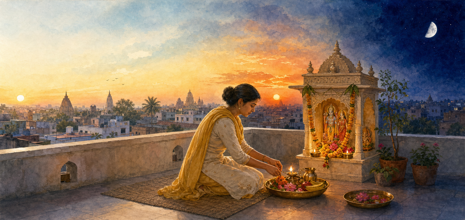 A devotee prepares a brass puja tray at a rooftop shrine beneath a sky that transitions from sunrise to moonlit night.