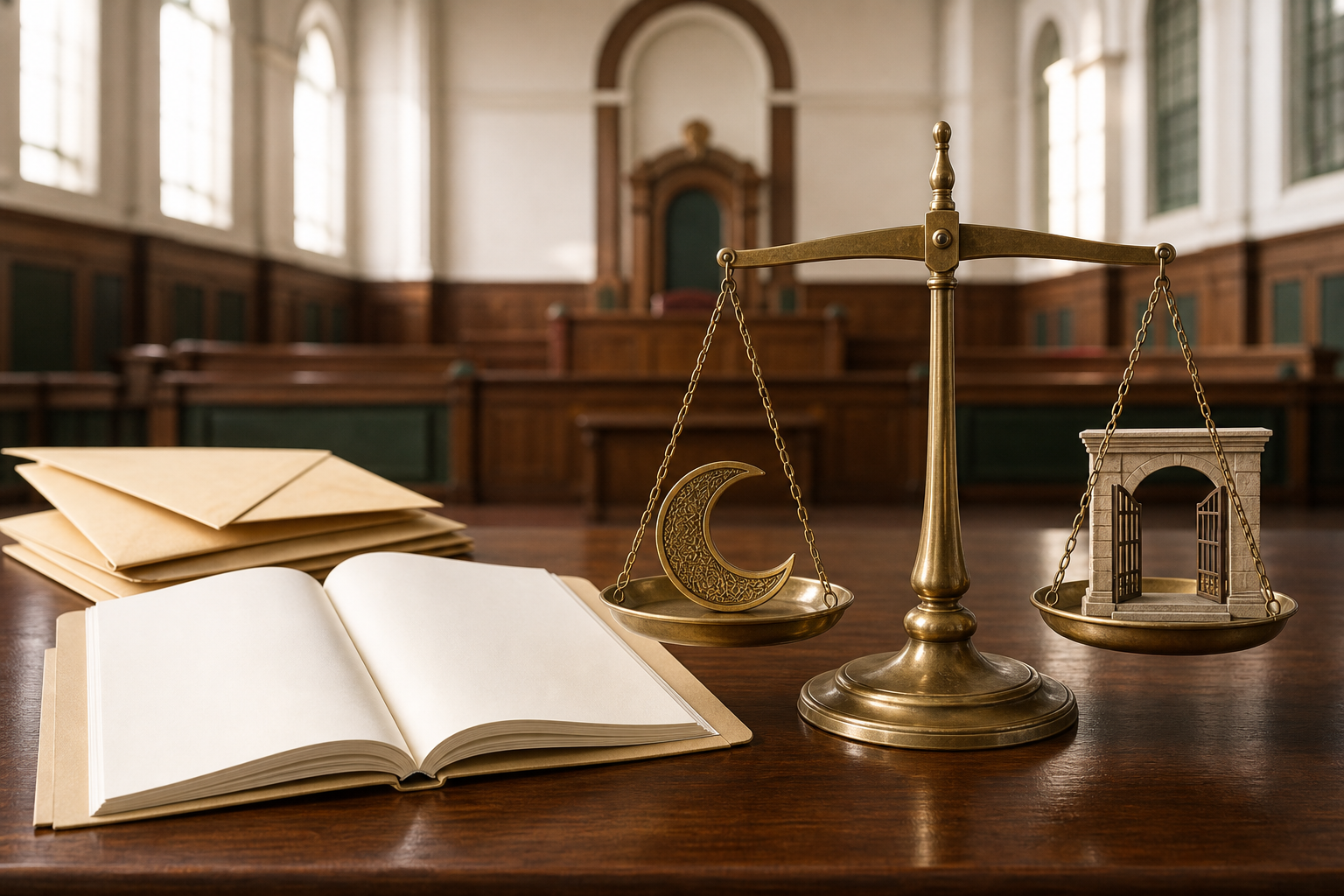 A level courtroom scale balances a crescent-patterned medallion with an open market gateway beside an evidence file.