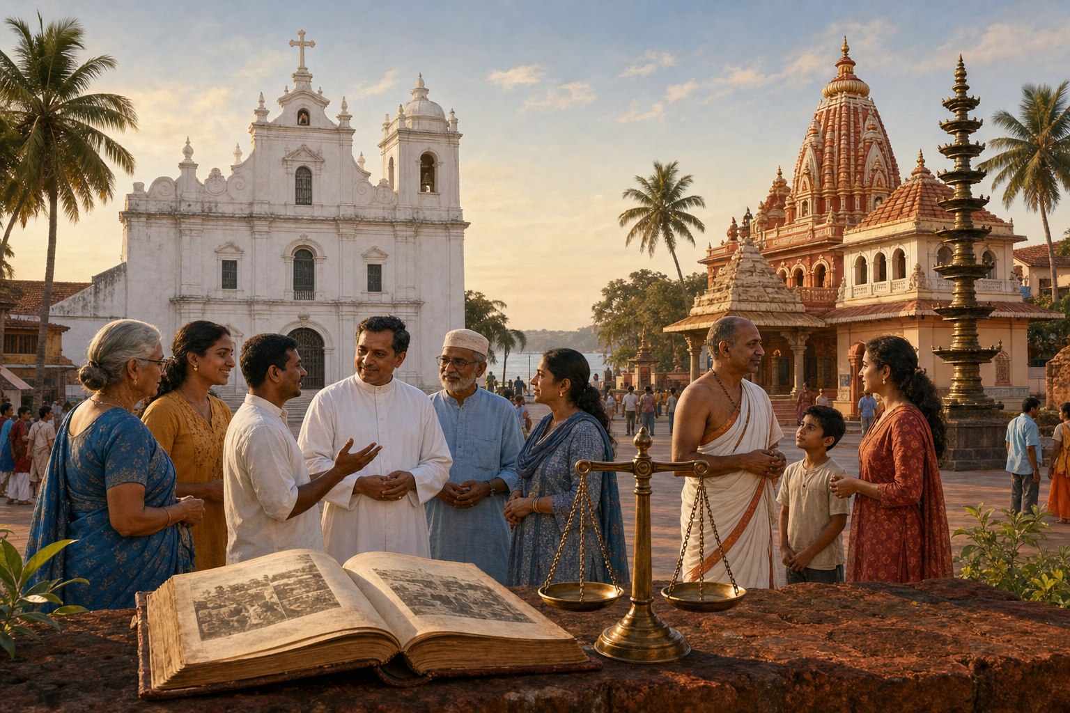 Goan residents converse peacefully in a square between a white church and a Hindu temple, with an open archival book and brass balance in the foreground.