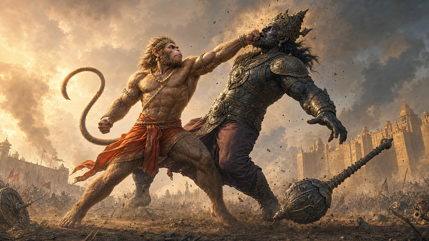 Hanuman delivers a single upward fist-blow to the armored Devantaka as the Rakshasa's iron club swings past on the battlefield outside Lanka.