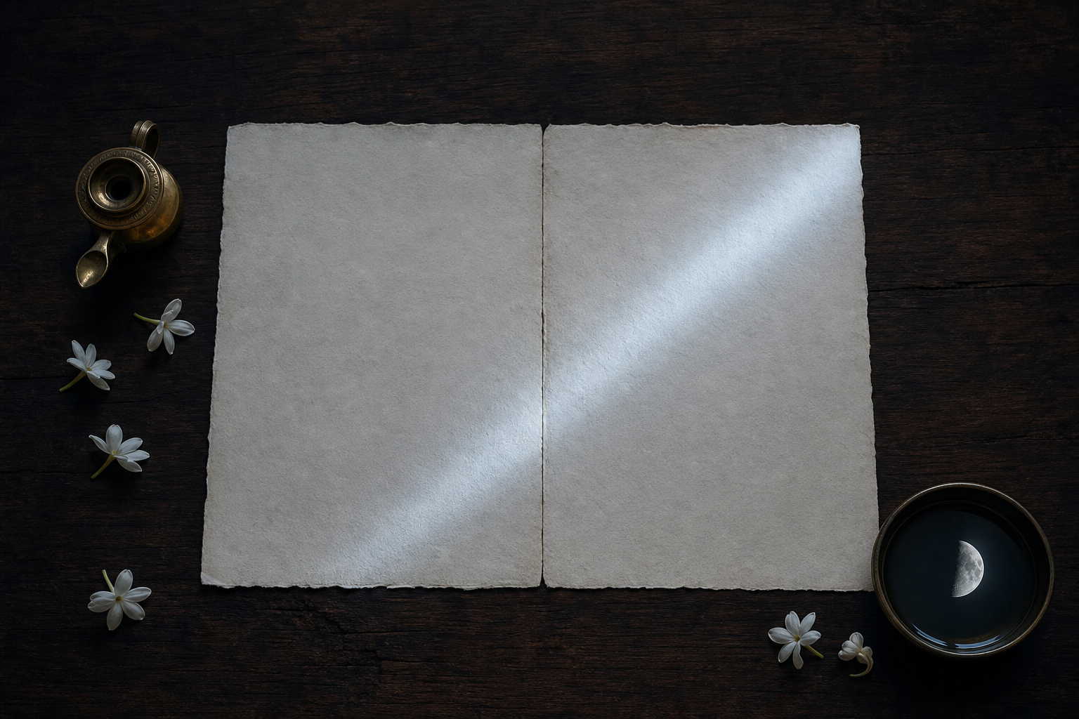 Moonlight extends across two adjacent blank sheets beside a brass lamp, jasmine flowers, and a bowl reflecting the moon.