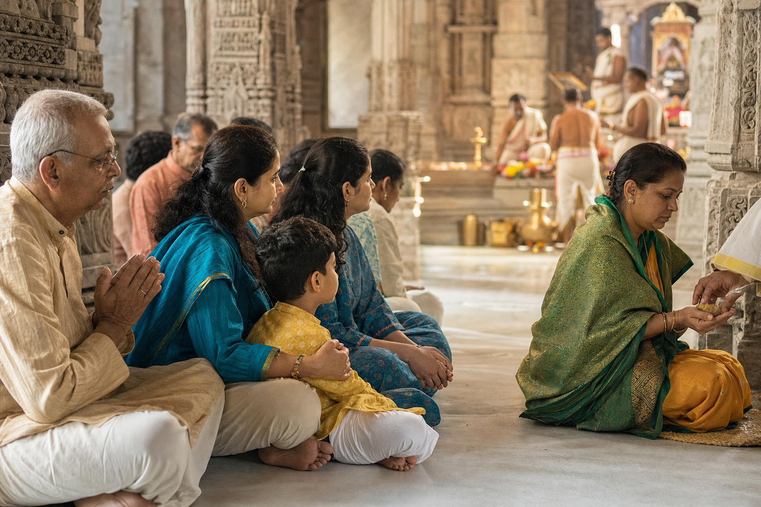 Adults, an elder, and a child participate quietly in a mandir hall while a devotee receives prasada with both hands.