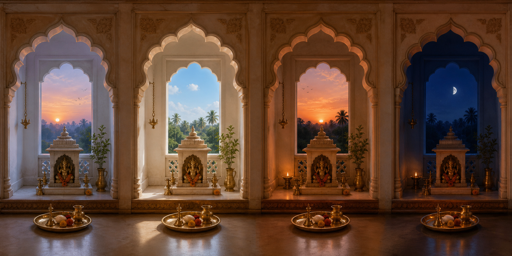 The same home puja alcove appears at sunrise, daytime, dusk, and moonlit night under changing natural light.