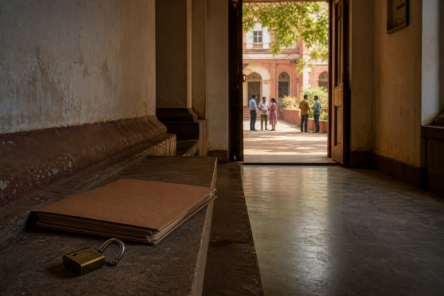An unlocked padlock and closed case file sit in a courthouse corridor while citizens continue talking in the sunlit courtyard outside.