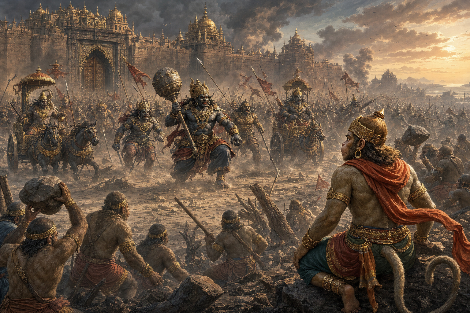 Devantaka and other armored Rakshasa commanders advance from Lanka in a coordinated assault while Hanuman and the Vanara defenders prepare to meet them.