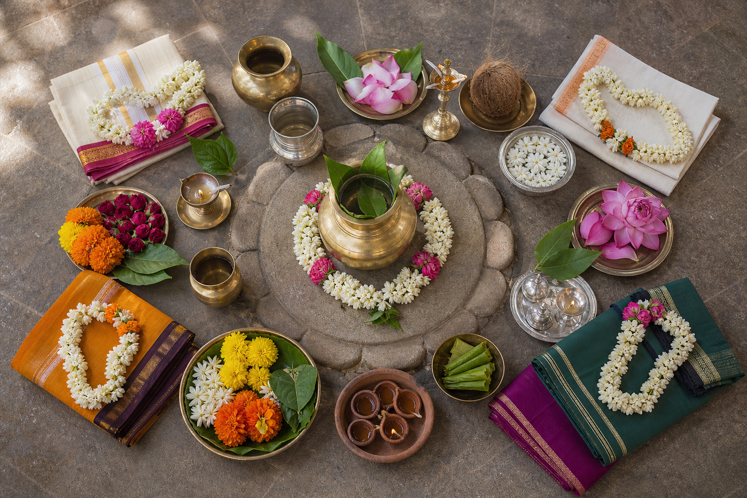 A central brass kalasha is surrounded by varied flowers, leaves, lamps, textiles, ritual vessels, and prasada bowls on a stone floor.