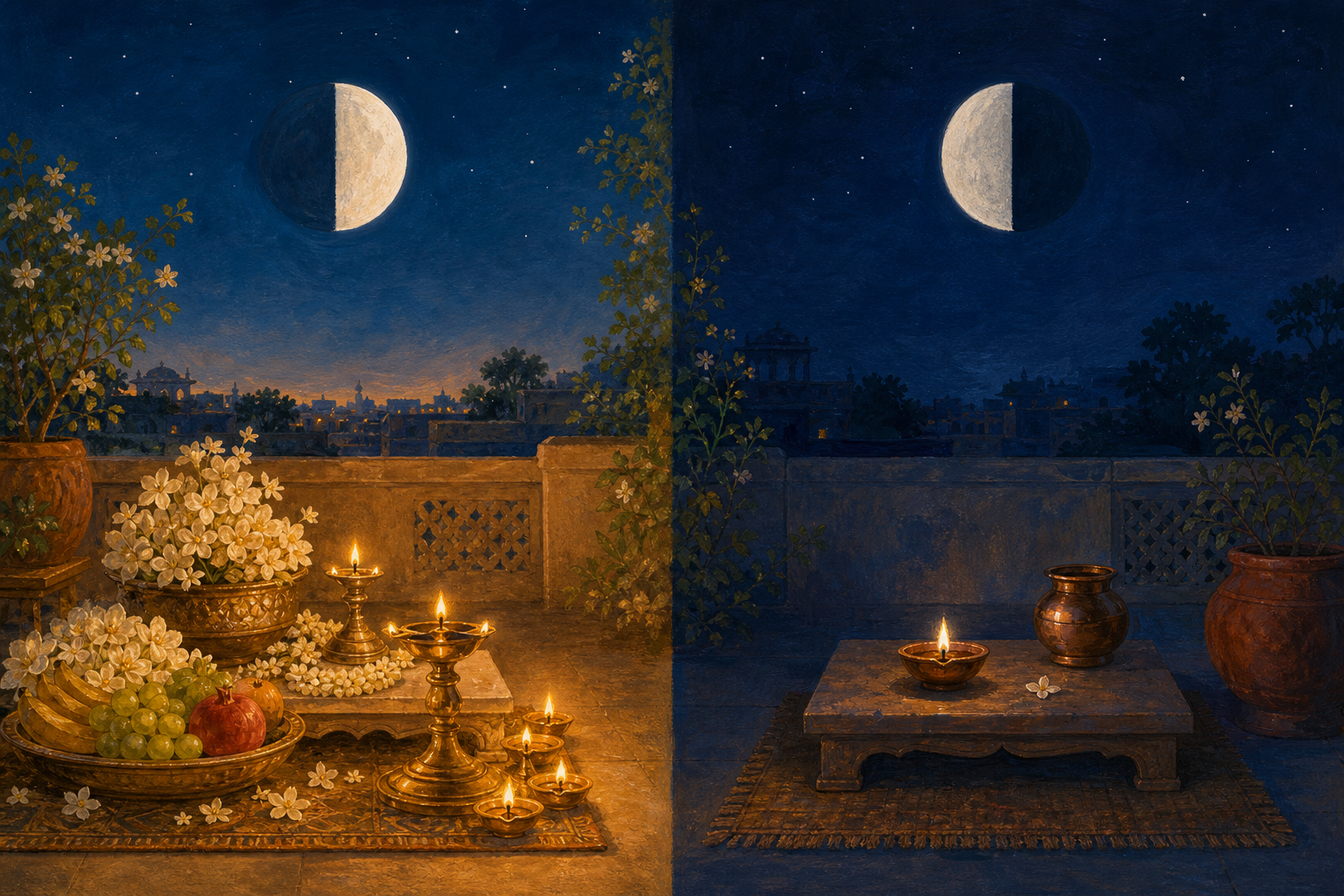 Two terrace shrines appear beneath opposite half-moon phases, one warmly lit with flowers and the other in a quieter indigo setting.