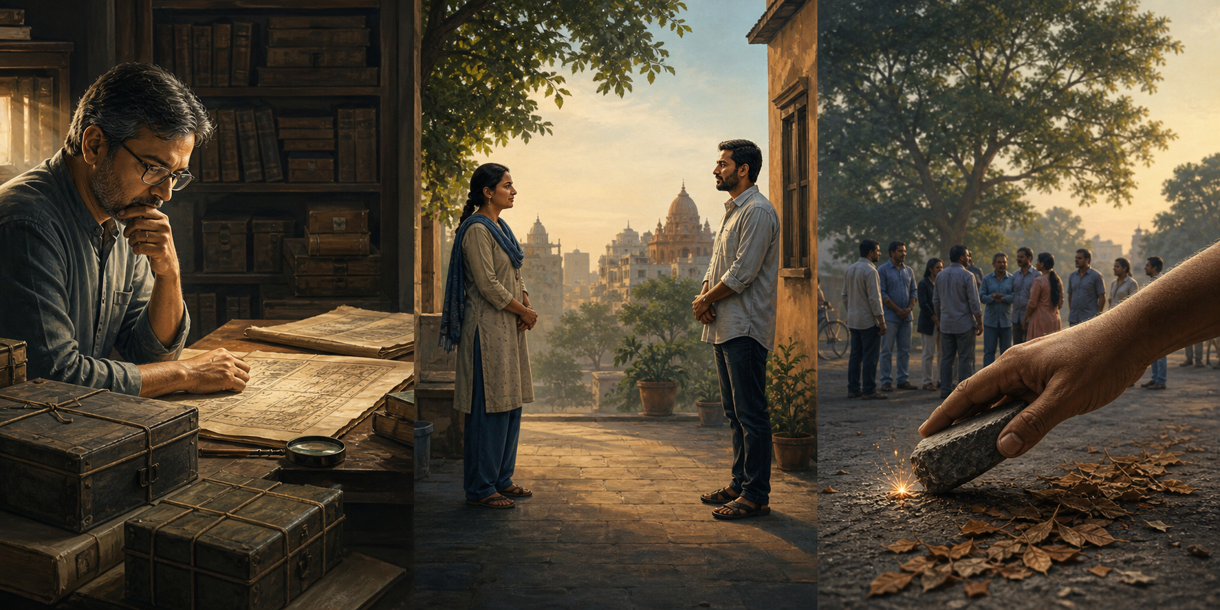 A three-part scene shows a researcher examining archives, two neighbours speaking face to face, and a hand stopping a spark from reaching dry leaves near a crowd.