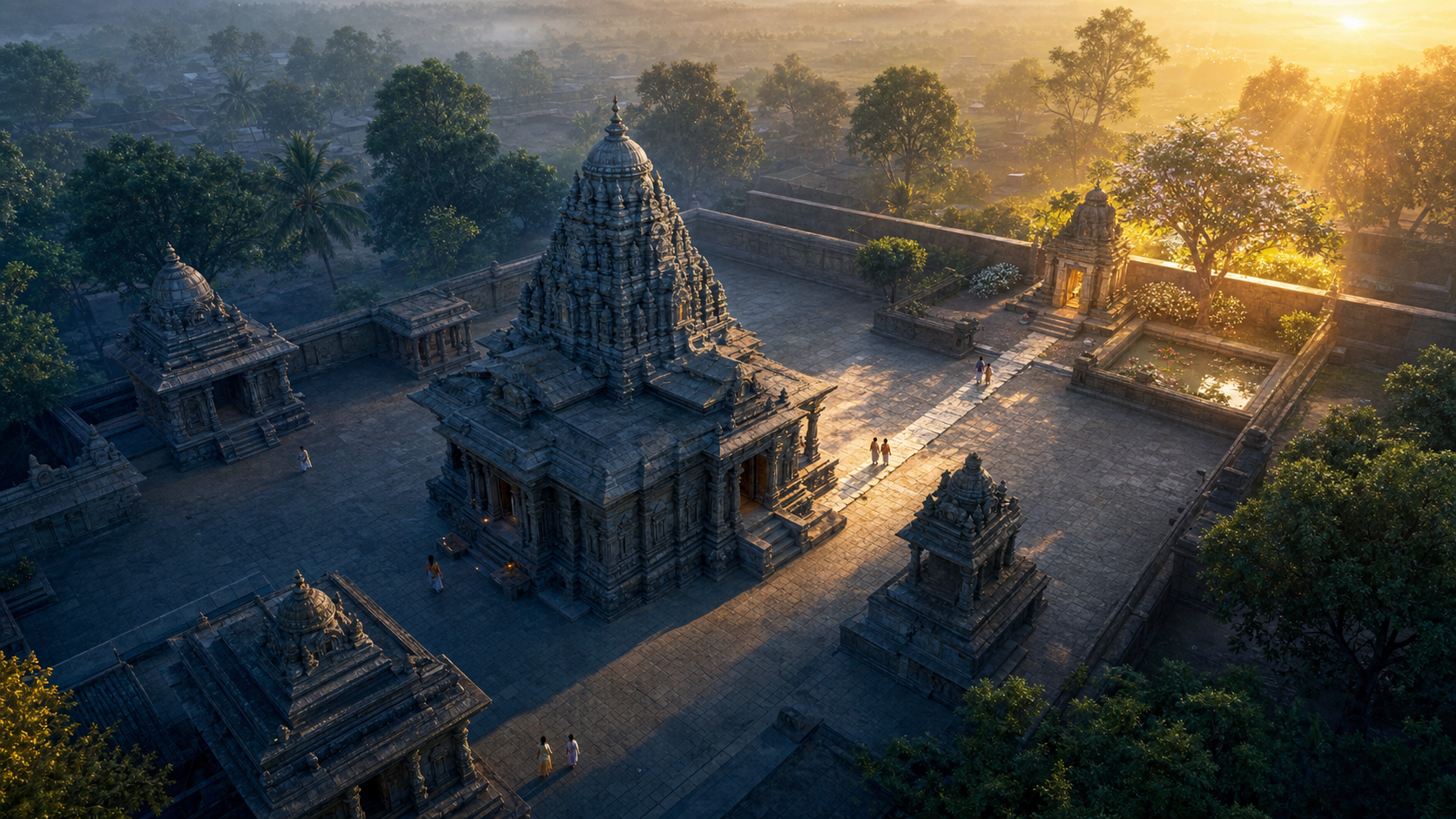 A temple complex at sunrise has a small goddess shrine, water basin, flowers, and sacred tree in its northeastern corner.