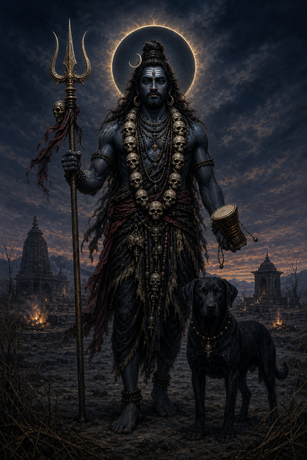 Bhairava stands with a trident in a dawn-lit cremation ground while a black dog waits beside him and distant embers glow beneath an indigo sky.