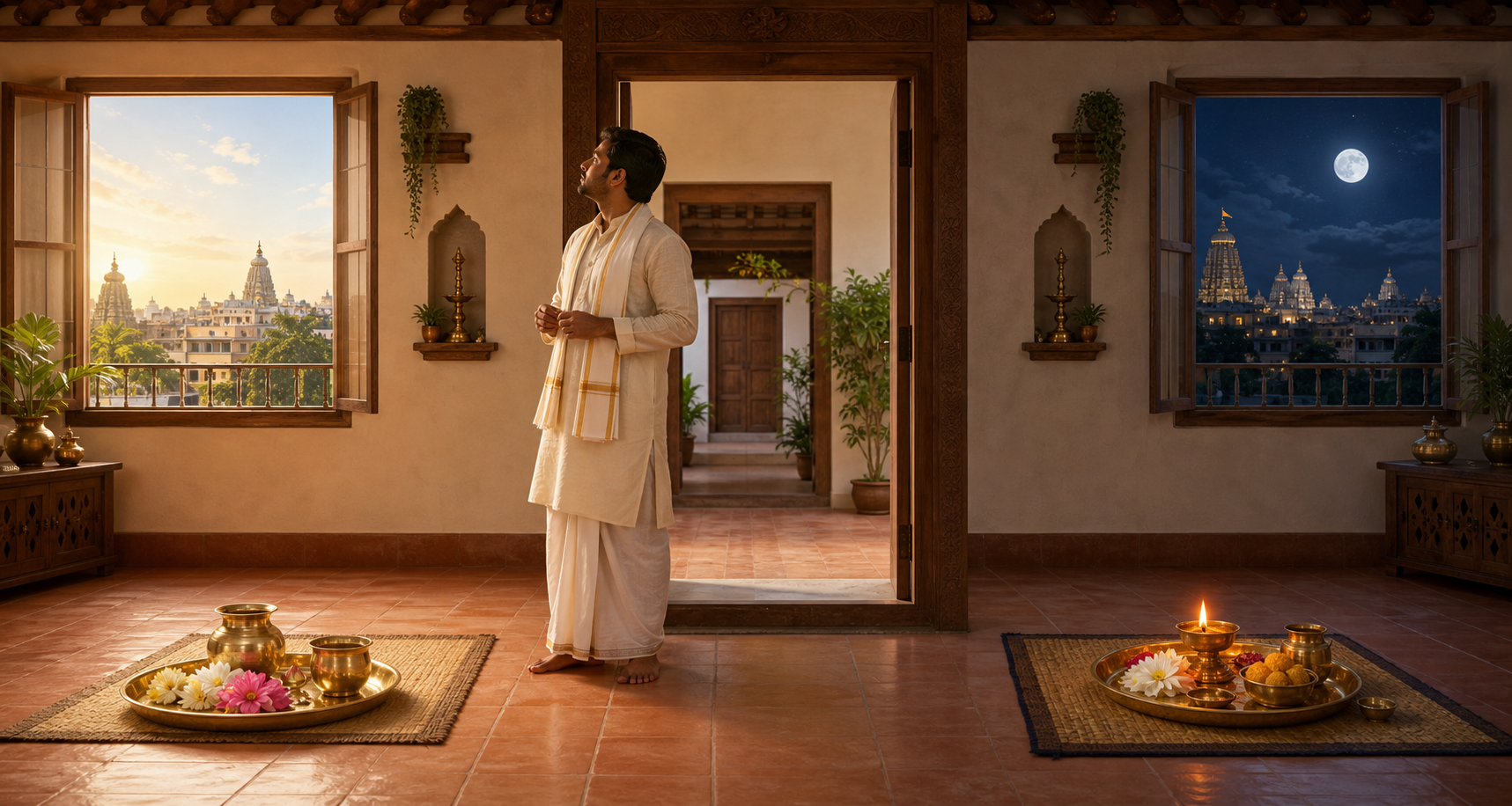 A householder arranges separate morning and evening puja trays in sunlit and moonlit areas of the same home.
