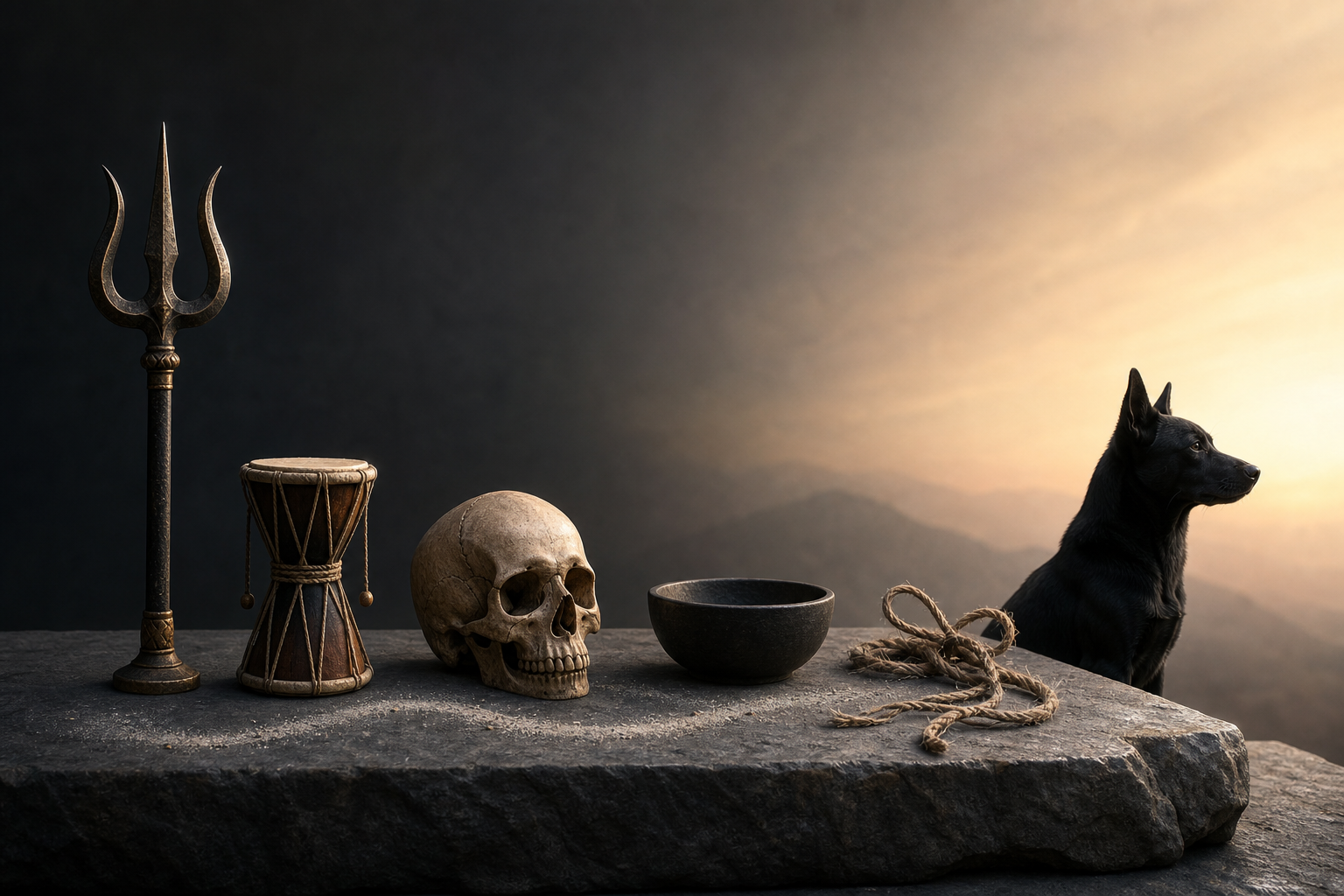 A trident, hand drum, skull, empty bowl, loosened cord, and black dog are arranged on a stone altar with light moving across them.