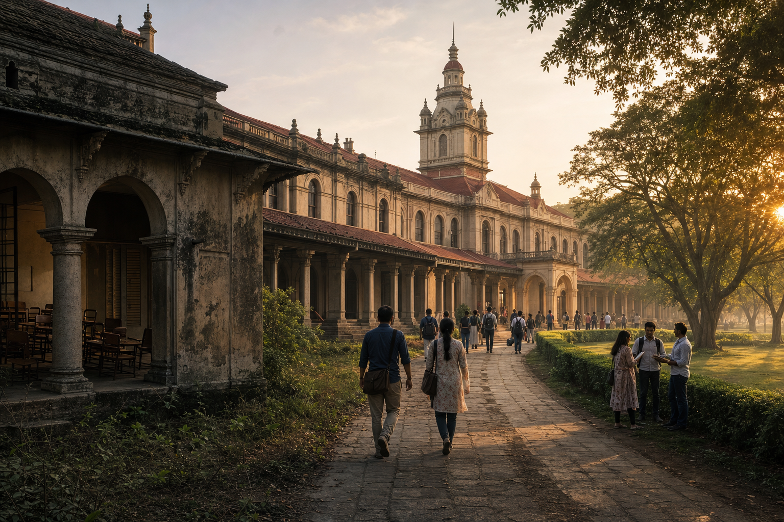 A historic Mysuru university building transitions from a shadowed, weathered side to a sunlit side where students and scholars enter active academic spaces.